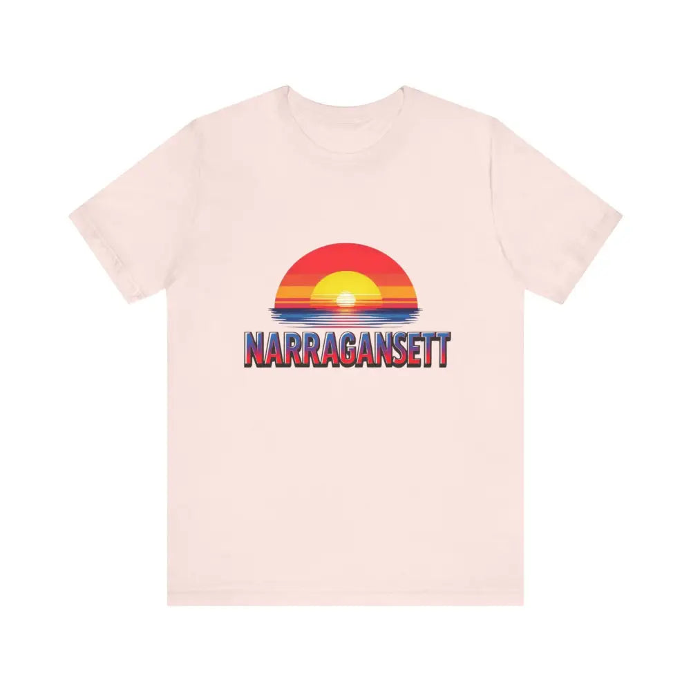 Narragansett Sunset Unisex Jersey Tee showcasing a vibrant sunset design