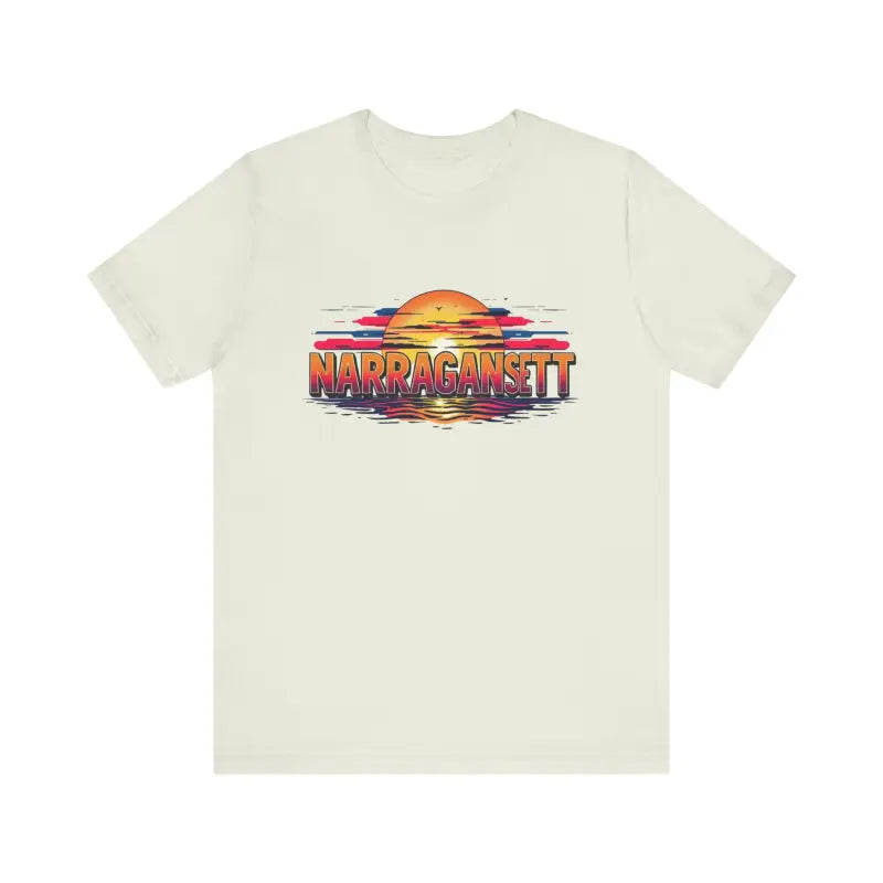 Beige t-shirt with sunset graphic from the Narragansett Sunset Unisex Jersey Tee