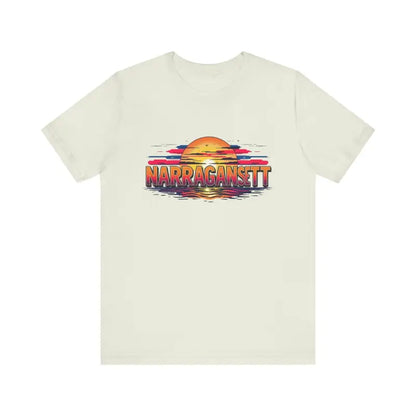 Beige t-shirt with sunset graphic from the Narragansett Sunset Unisex Jersey Tee