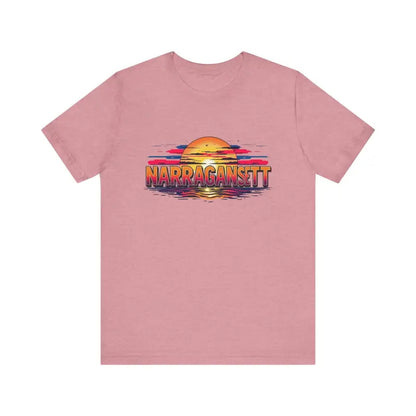 Pink t-shirt featuring a sunset graphic from the Narragansett Sunset Unisex Jersey Tee