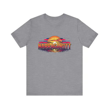 Gray t-shirt featuring sunset graphic from Narragansett Sunset Unisex Jersey Tee