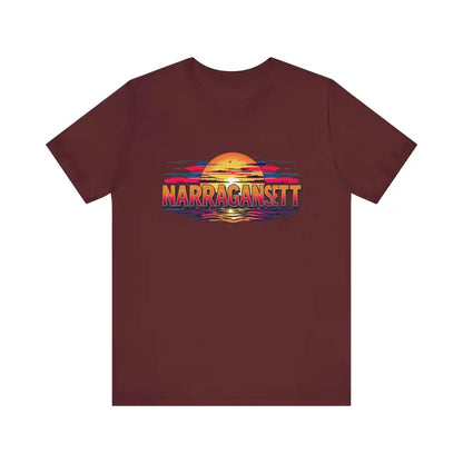 Maroon t-shirt featuring a sunset graphic from Narragansett Sunset Unisex Jersey Tee