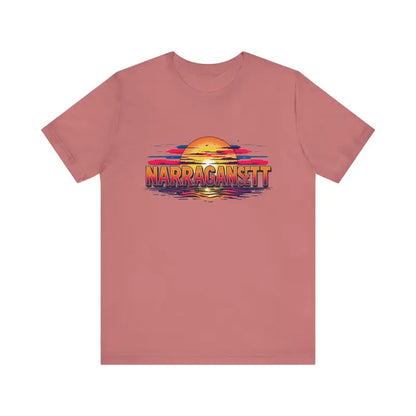 Salmon-colored Narragansett Sunset Unisex Jersey Tee showcased on a flat surface