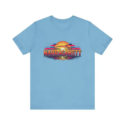 Light blue Narragansett Sunset Unisex Jersey Tee displayed on a neutral background