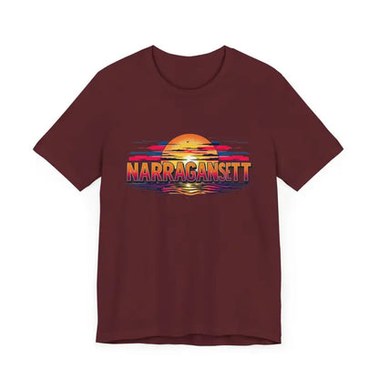 Maroon t-shirt featuring a sunset graphic from the Narragansett Sunset Unisex Jersey Tee