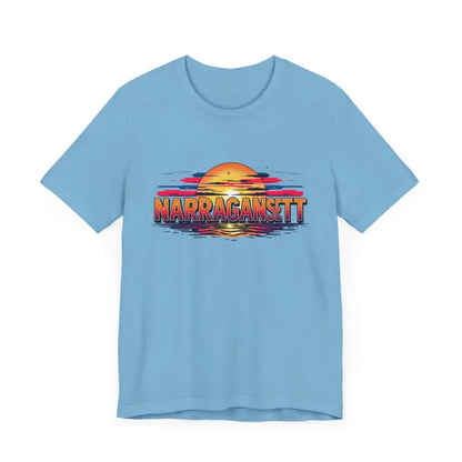 Light blue Narragansett Sunset Unisex Jersey Tee featuring a sunset graphic design