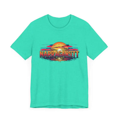 Aqua t-shirt featuring sunset graphic from Narragansett Sunset Unisex Jersey Tee