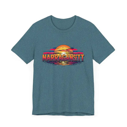 Blue t-shirt featuring a sunset graphic from the Narragansett Sunset Unisex Jersey Tee