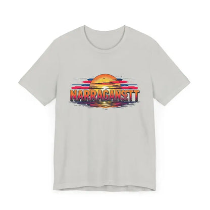 Gray t-shirt featuring a sunset graphic from the Narragansett Sunset Unisex Jersey Tee