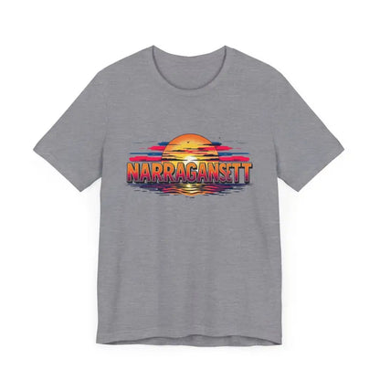 Gray unisex jersey tee featuring a vibrant sunset graphic from Narragansett Sunset collection