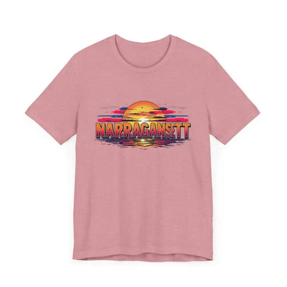 Pink t-shirt featuring a sunset graphic, Narragansett Sunset Unisex Jersey Tee