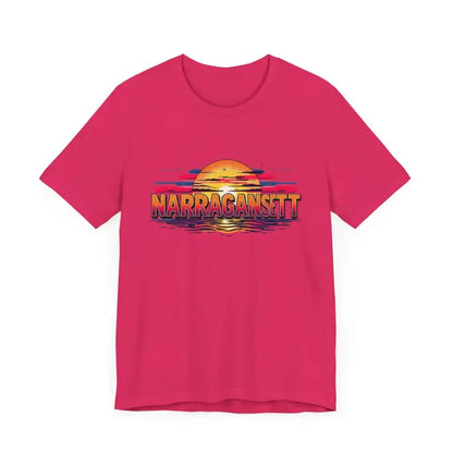 Pink t-shirt featuring a sunset graphic from the Narragansett Sunset Unisex Jersey Tee