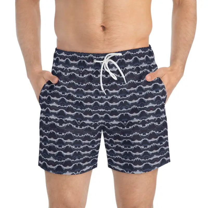 Patterned swim trunks featuring nautical wave designs for summer adventures