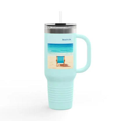 Light blue travel mug featuring a beach scene from the Navy Blue 40oz Insulated Tumbler