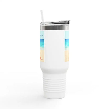 White insulated tumbler with straw from Navy Blue 40oz Insulated Beach Life Tumbler