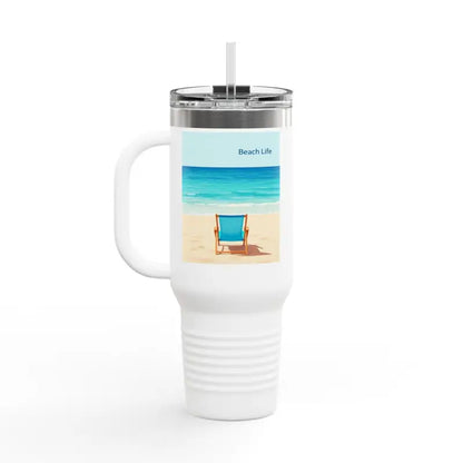 White travel mug featuring a beach scene for Navy Blue 40oz Insulated Beach Life Tumbler