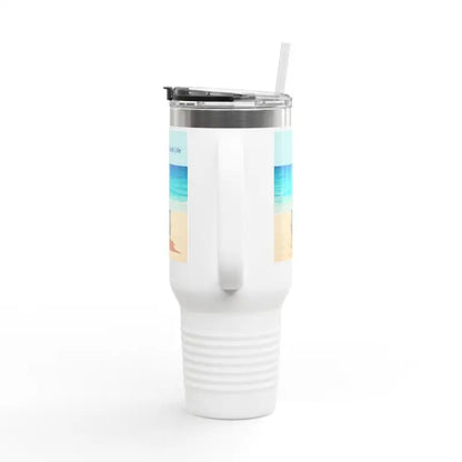 White travel mug featuring a beach scene for Navy Blue 40oz Insulated Beach Life Tumbler