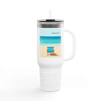 White travel mug featuring a vibrant beach scene, Navy Blue 40oz Insulated Beach Life Tumbler