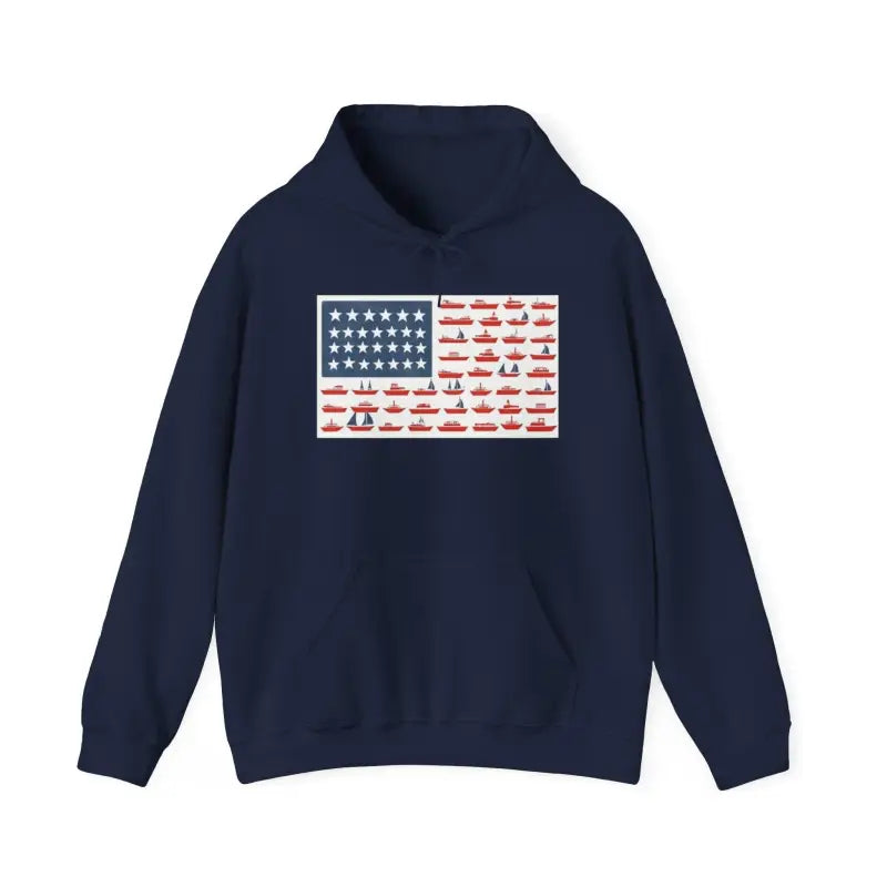 Navy blue hoodie featuring American flag and Maritime signal flag design