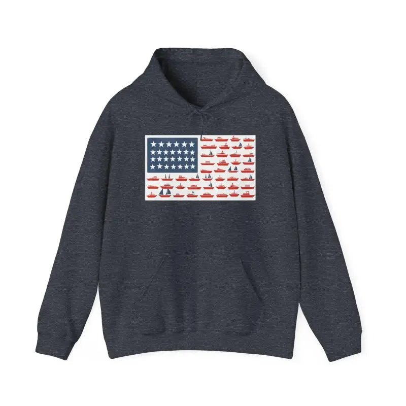 Navy hoodie featuring American flag design and maritime signal flag details