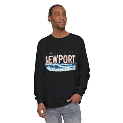 Black long-sleeved Newport Beach T-shirt featuring wave design for relaxed coastal style
