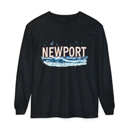 Black long-sleeved Newport Beach T-shirt featuring wave design in relaxed style
