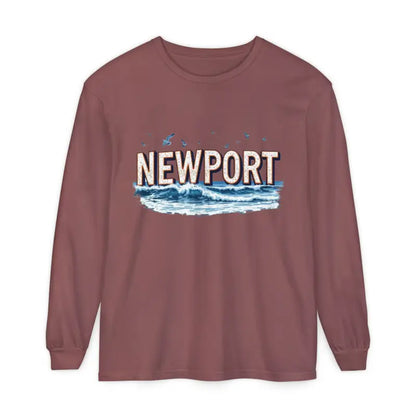 Maroon long-sleeved Newport Beach T-shirt in relaxed coastal style