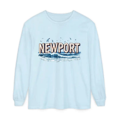 Light blue Newport Beach long sleeve shirt featuring a relaxed coastal style graphic