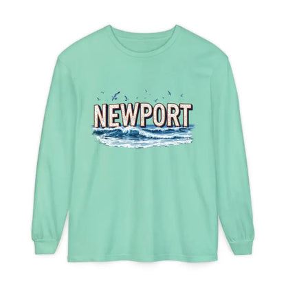 Mint-green long-sleeved Newport Beach T-shirt showcasing relaxed coastal style