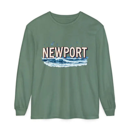 Green long-sleeved Newport Beach T-shirt in relaxed coastal style for casual wear