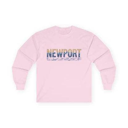 Pink long-sleeved Newport Coastal Vibes unisex shirt showcasing stylish text design