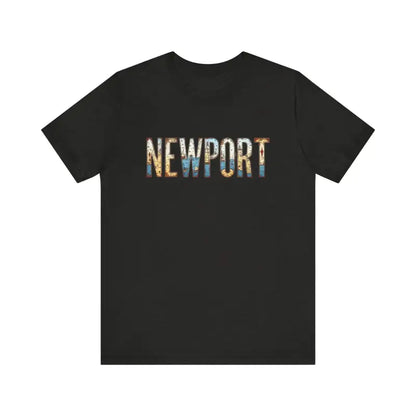 Black Newport Graphic Unisex Coastal Jersey Tee featuring bold Newport text design