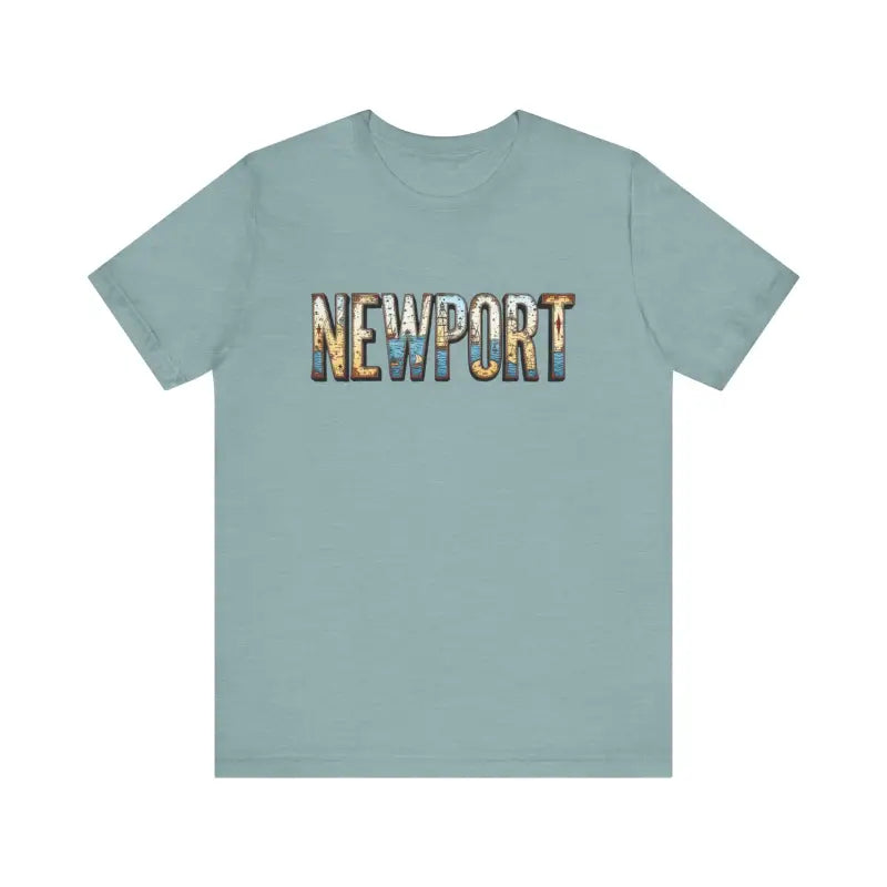 Light blue Newport Graphic Unisex Coastal Jersey Tee featuring Newport text design