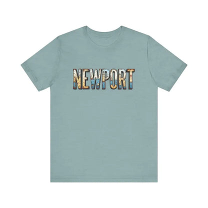 Light blue Newport Graphic Unisex Coastal Jersey Tee featuring Newport text design