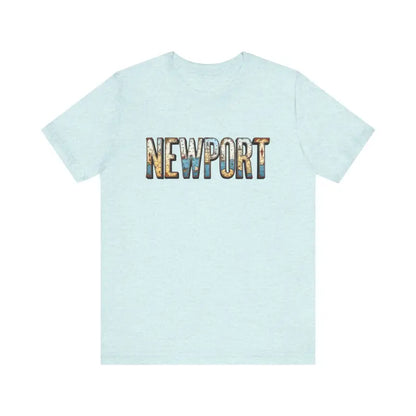 Light blue Newport Graphic Unisex Coastal Jersey Tee with bold Newport text