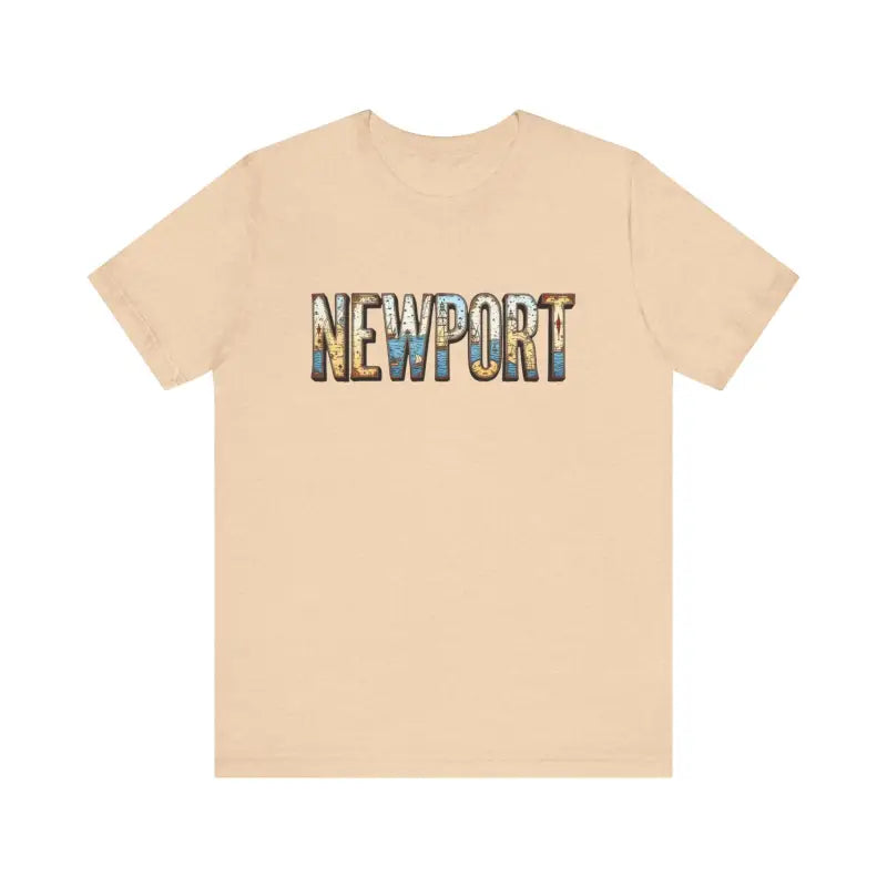 Beige Newport Graphic Unisex Coastal Jersey Tee featuring bold Newport text
