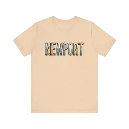 Beige Newport Graphic Unisex Coastal Jersey Tee featuring bold Newport text