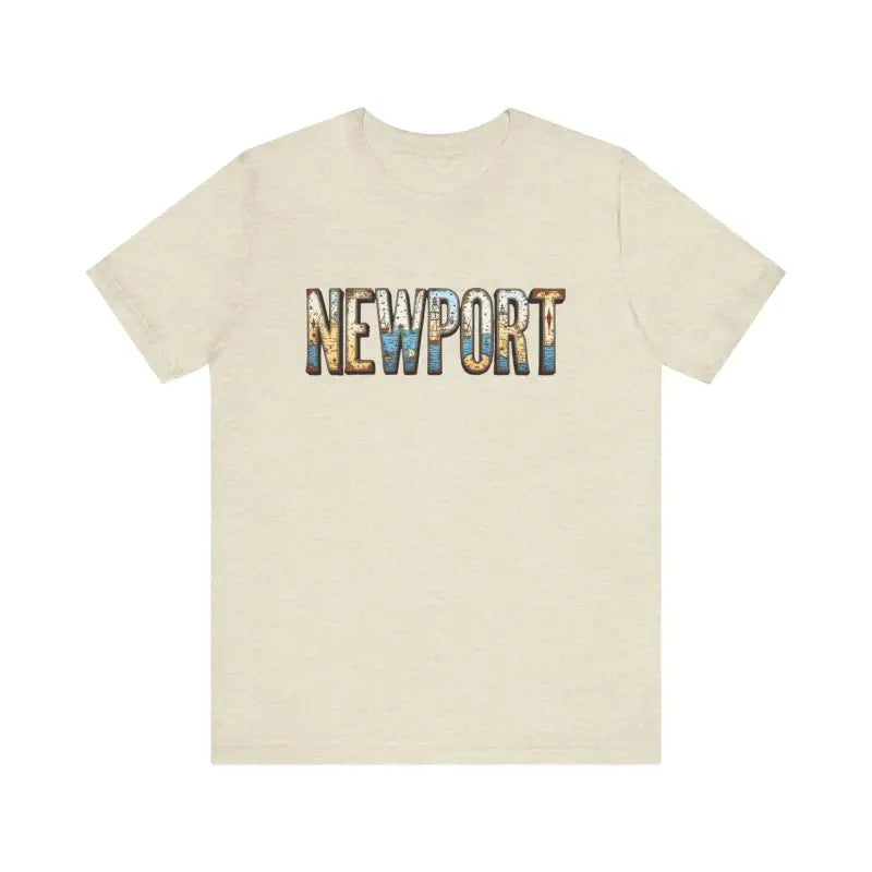 Beige Newport Graphic Unisex Coastal Jersey Tee showcasing stylish text design