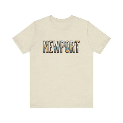 Beige Newport Graphic Unisex Coastal Jersey Tee showcasing stylish text design