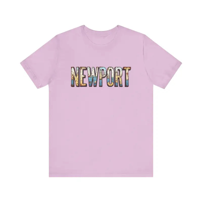 Lilac Newport Graphic Unisex Coastal Jersey Tee showcasing stylish text design