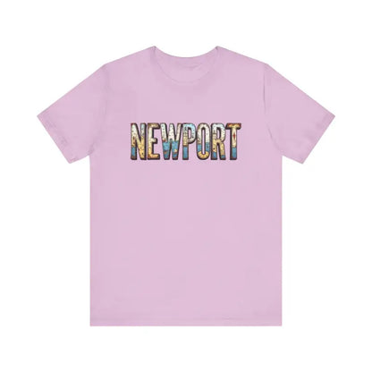 Lilac Newport Graphic Unisex Coastal Jersey Tee showcasing stylish text design