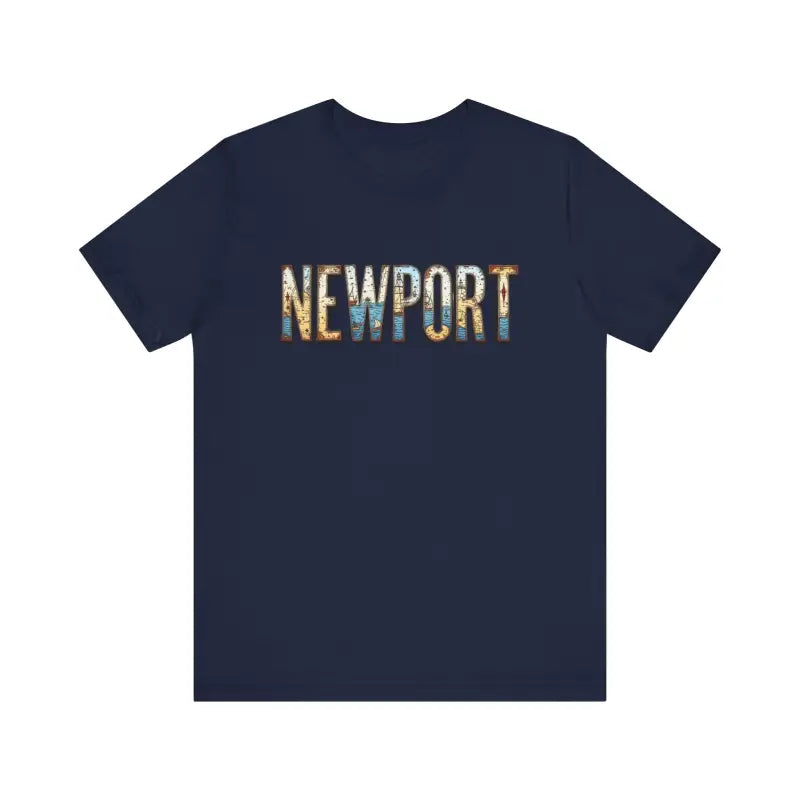 Navy blue Newport Graphic Unisex Coastal Jersey Tee displayed on a white background