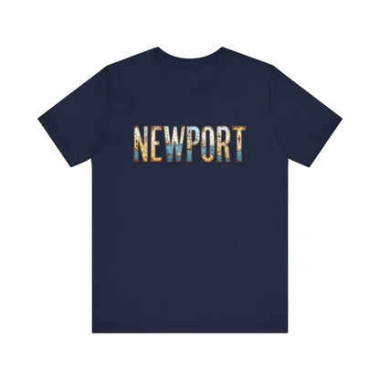 Navy blue Newport Graphic Unisex Coastal Jersey Tee displayed on a white background