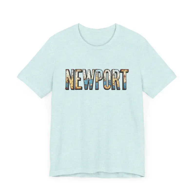 Light blue Newport Graphic Unisex Coastal Jersey Tee featuring bold Newport text