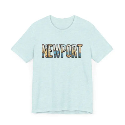 Light blue Newport Graphic Unisex Coastal Jersey Tee featuring bold Newport text