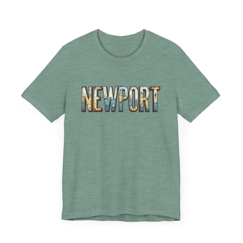Green Newport Graphic Unisex Coastal Jersey Tee featuring bold Newport text design