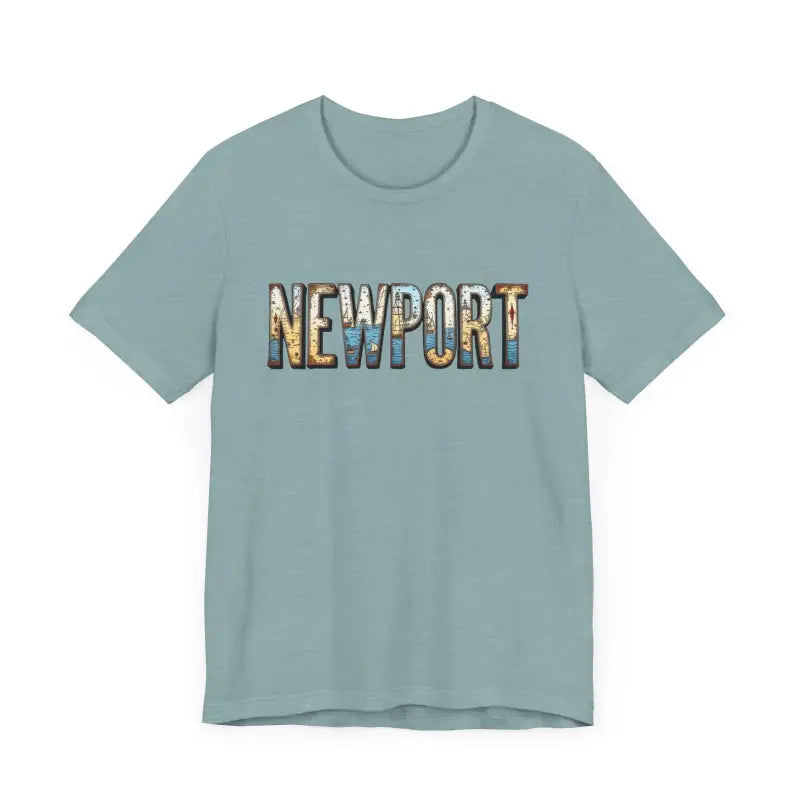 Light blue Newport Graphic Unisex Coastal Jersey Tee displayed on a white background