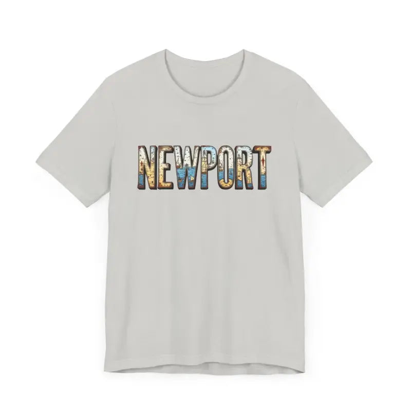 Gray Newport Graphic Unisex Coastal Jersey Tee featuring bold Newport text