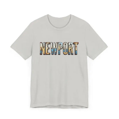 Gray Newport Graphic Unisex Coastal Jersey Tee featuring bold Newport text