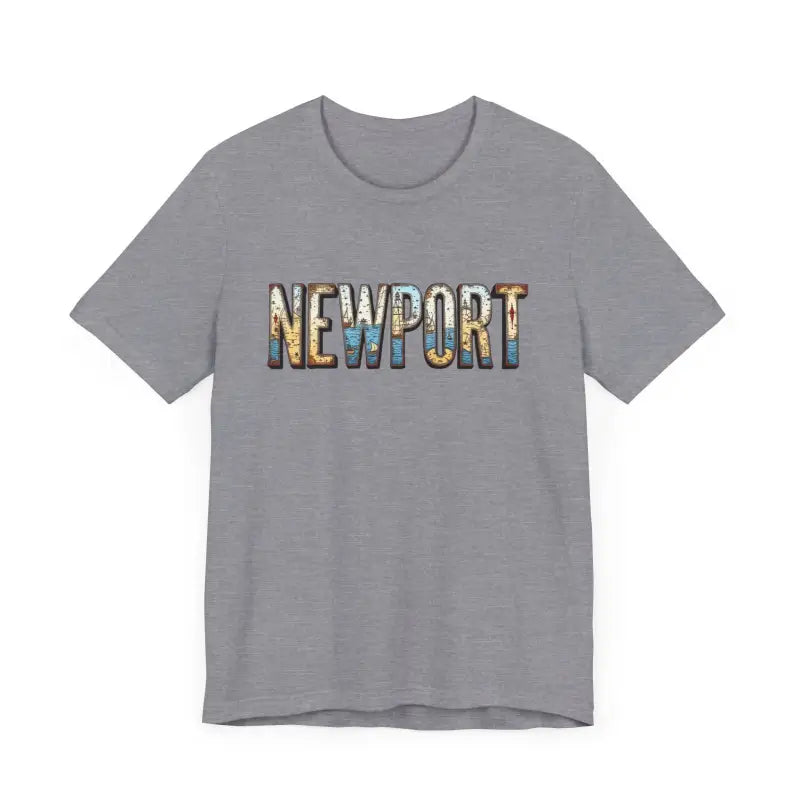 Gray t-shirt featuring Newport text from Newport Graphic Unisex Coastal Jersey Tee